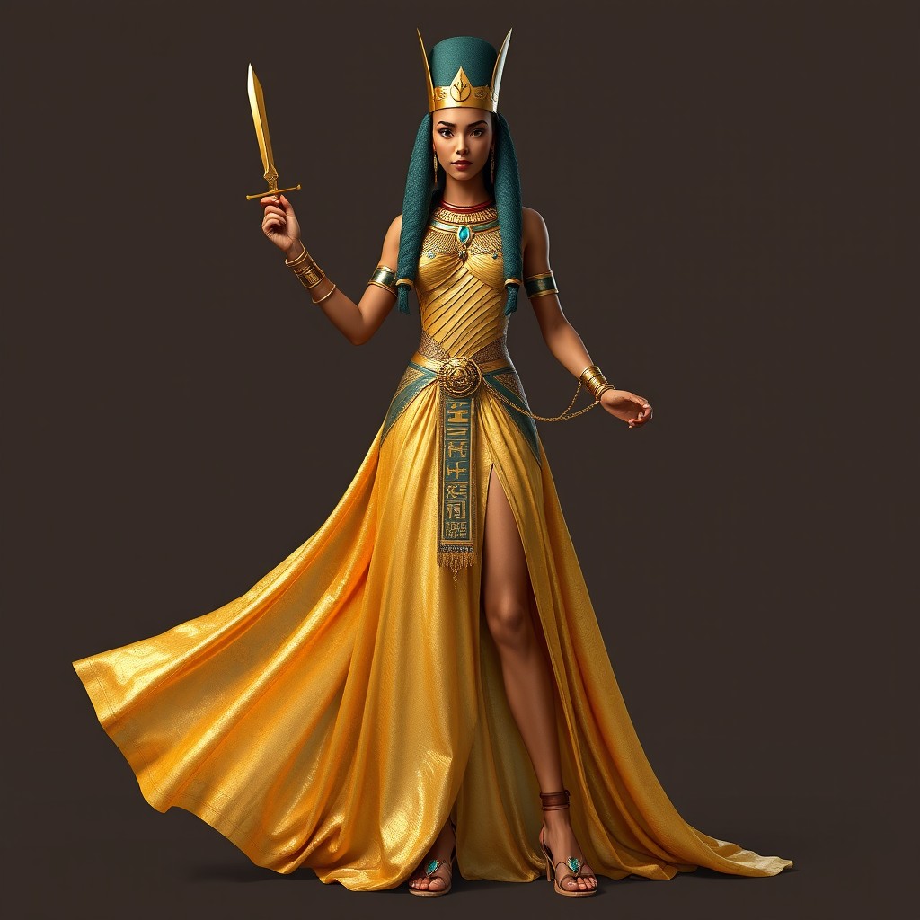 Nefretari wears a long, flowing gown made of a thin, shimmering fabric that glistens in shades of gold and turquoise, symbolizing the wealth and power of the Nile