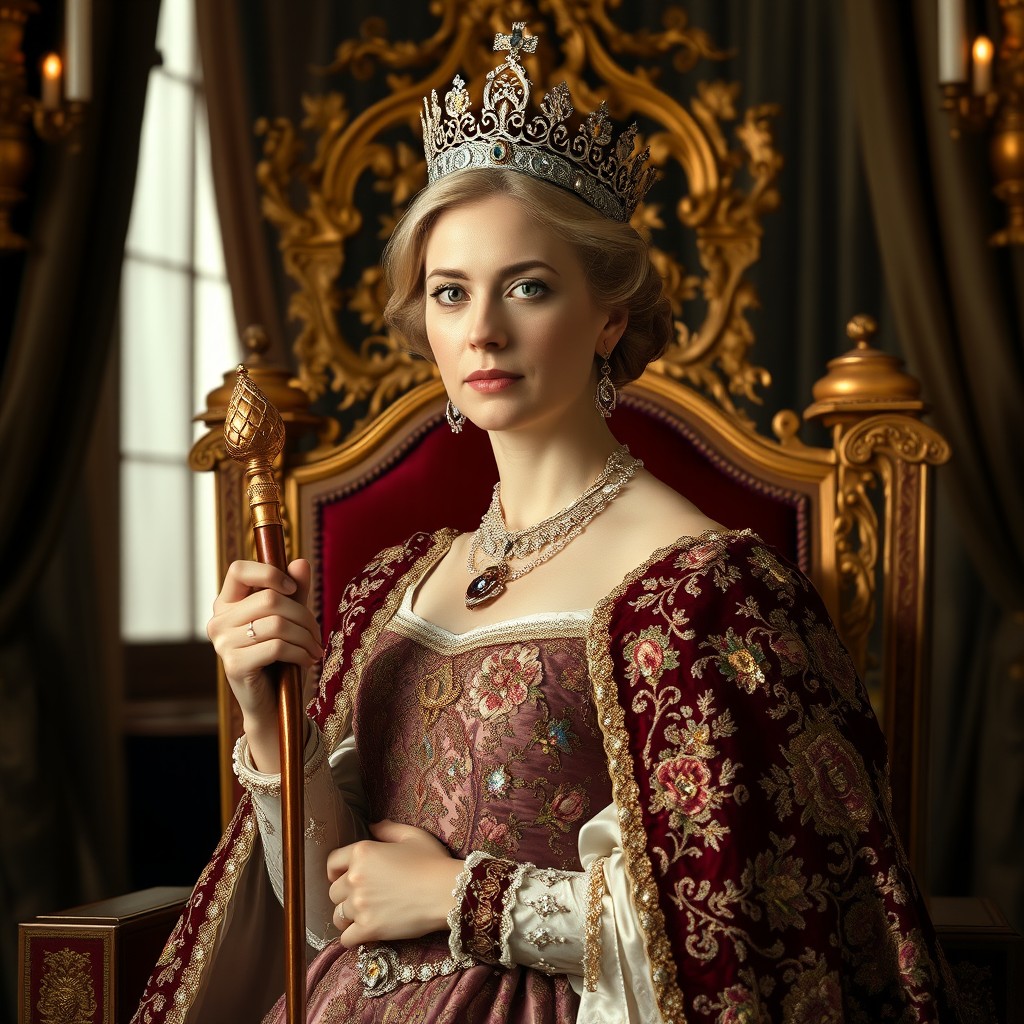A regal portrait of Queen Barbora of Poland, dressed in an elaborate royal gown embellished with jewels and intricate embroidery