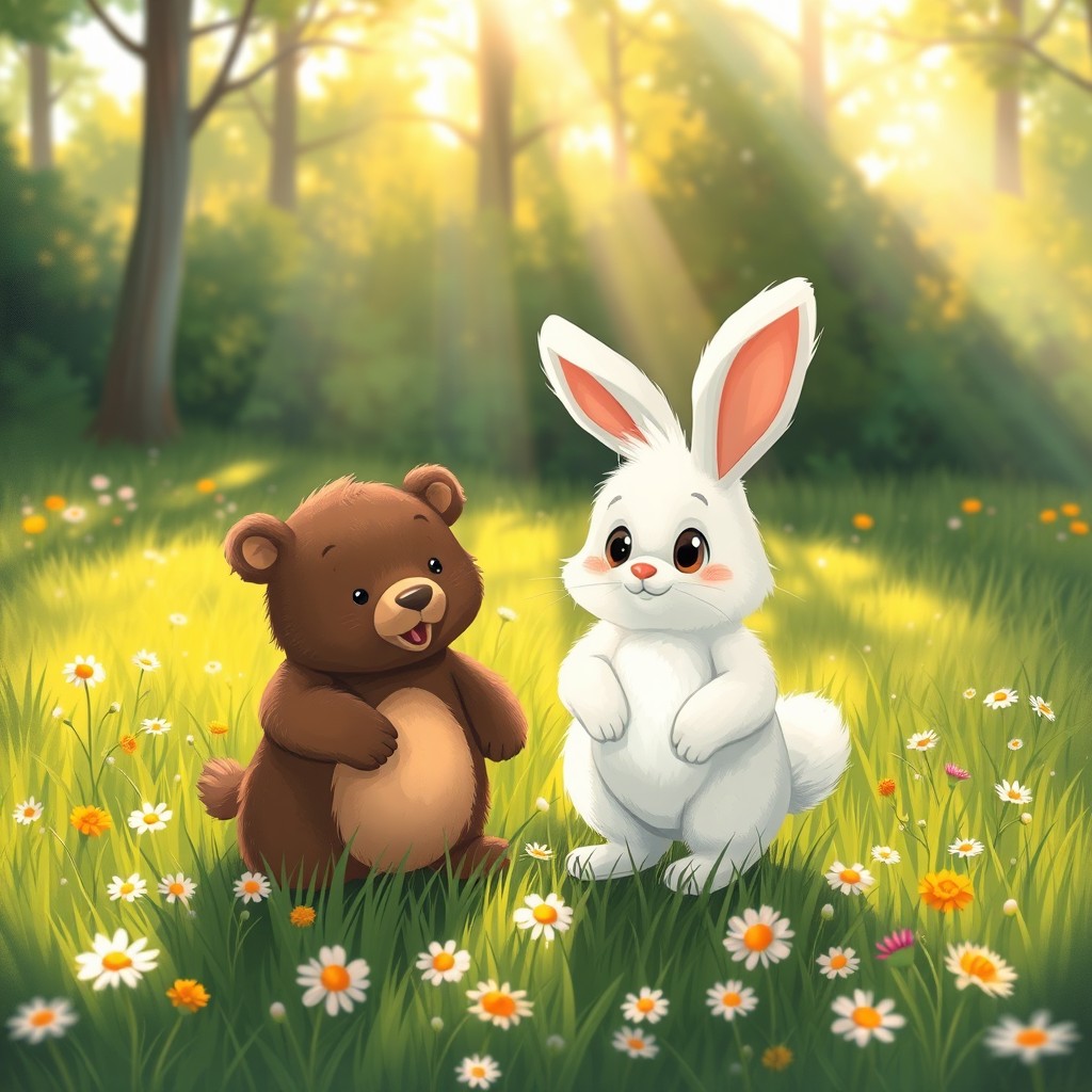 In the morning, a fluffy white bunny stands next to a small brown bear on a vibrant green meadow, surrounded by wildflowers