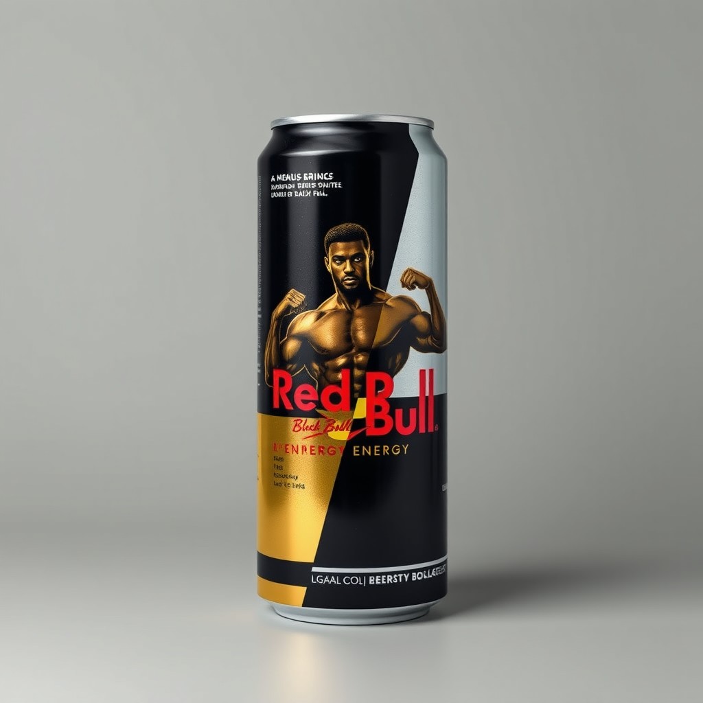 A large soda can resembling an energy drink, similar in design to Red Bull, but with the label featuring the name 'Black Bull'