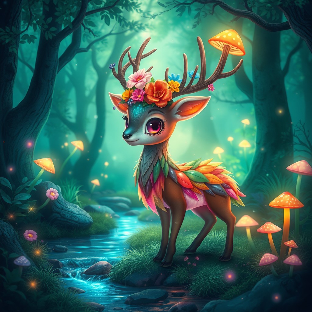 A whimsical and mystical scene featuring a mythical creature known as a Peitudas
