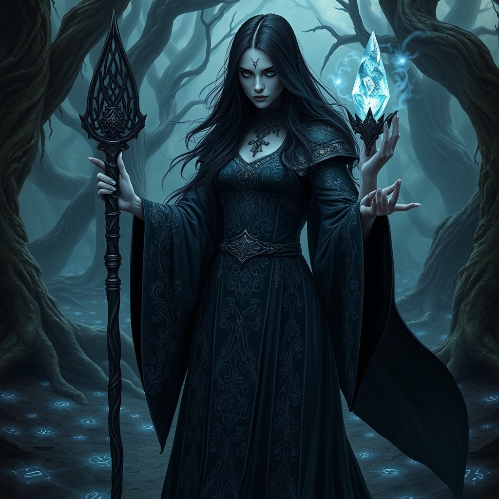 A mysterious female Shardar-kai warlock, standing in an ancient, enchanted forest
