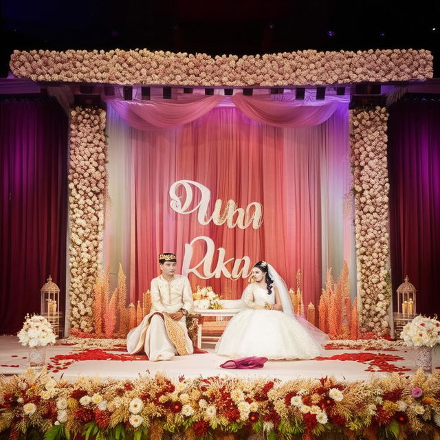 A magical moment of a beautiful Indonesian couple, Akbar and Putri, seated at a wedding stage with the elegant inscription 'PUTRI & AKBAR' in the background. Depict the beauty of the setting enhanced by floral decorations marking their special moment.