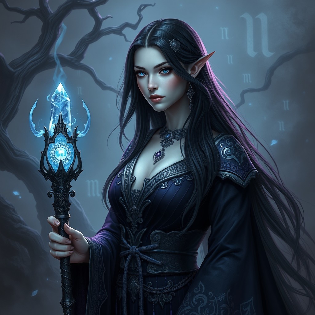 A striking female Shardar-kai warlock, portrayed with delicate features and a commanding presence, stands in a dimly lit, ethereal realm