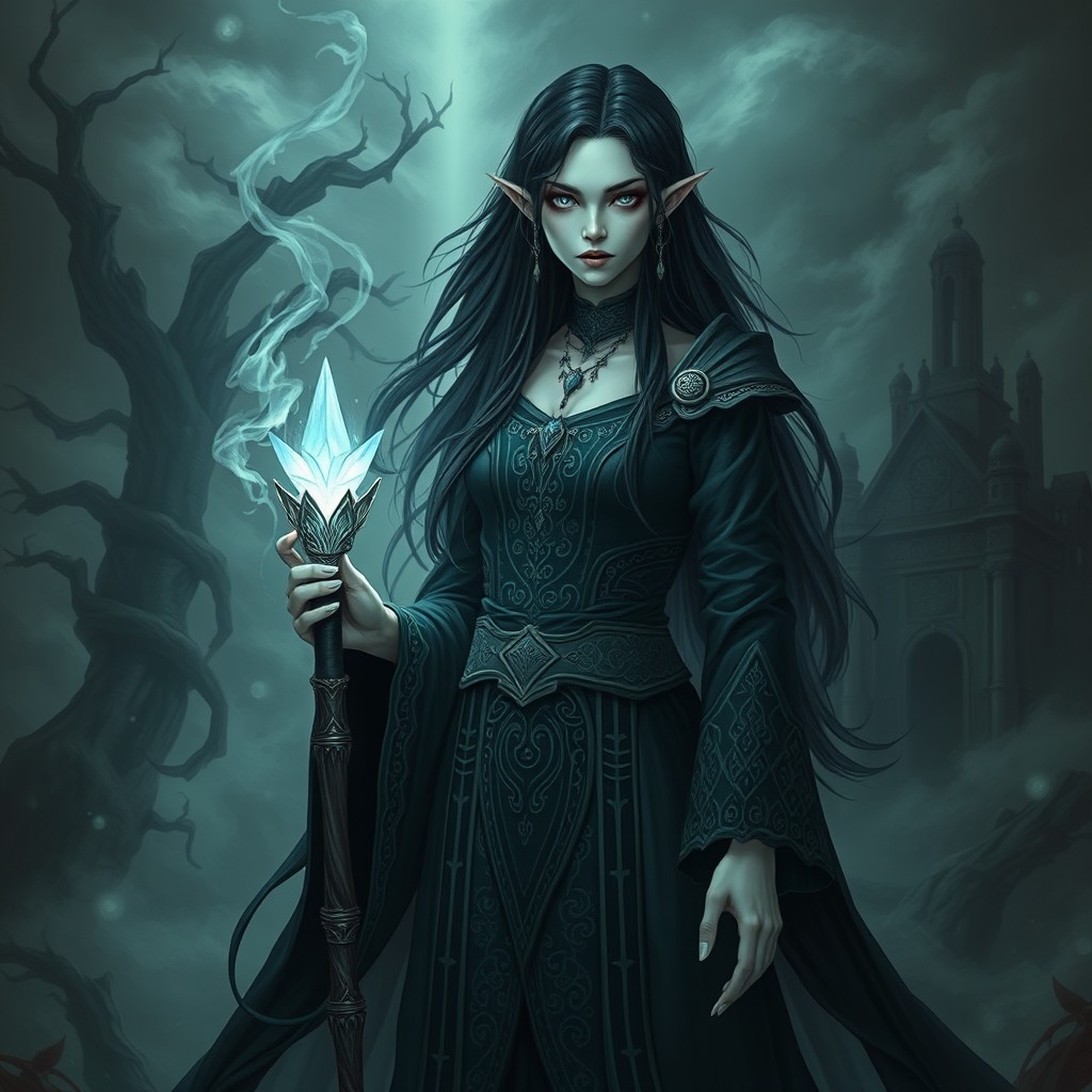 A female Shadar-kai warlock standing in an otherworldly, eerie landscape