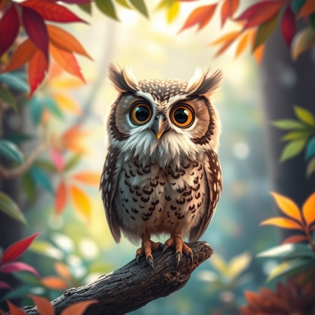 A small, whimsical owl with a fluffy feather beard, showcasing intricate feather patterns, perched playfully on a branch in a vibrant forest setting