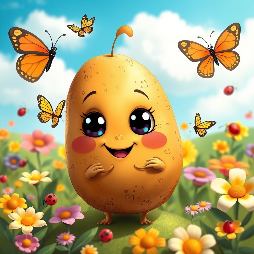 A whimsical potato-like creature with cute, cartoonish features, large expressive eyes, and tiny limbs, resembling a mix between a potato and an adorable animal