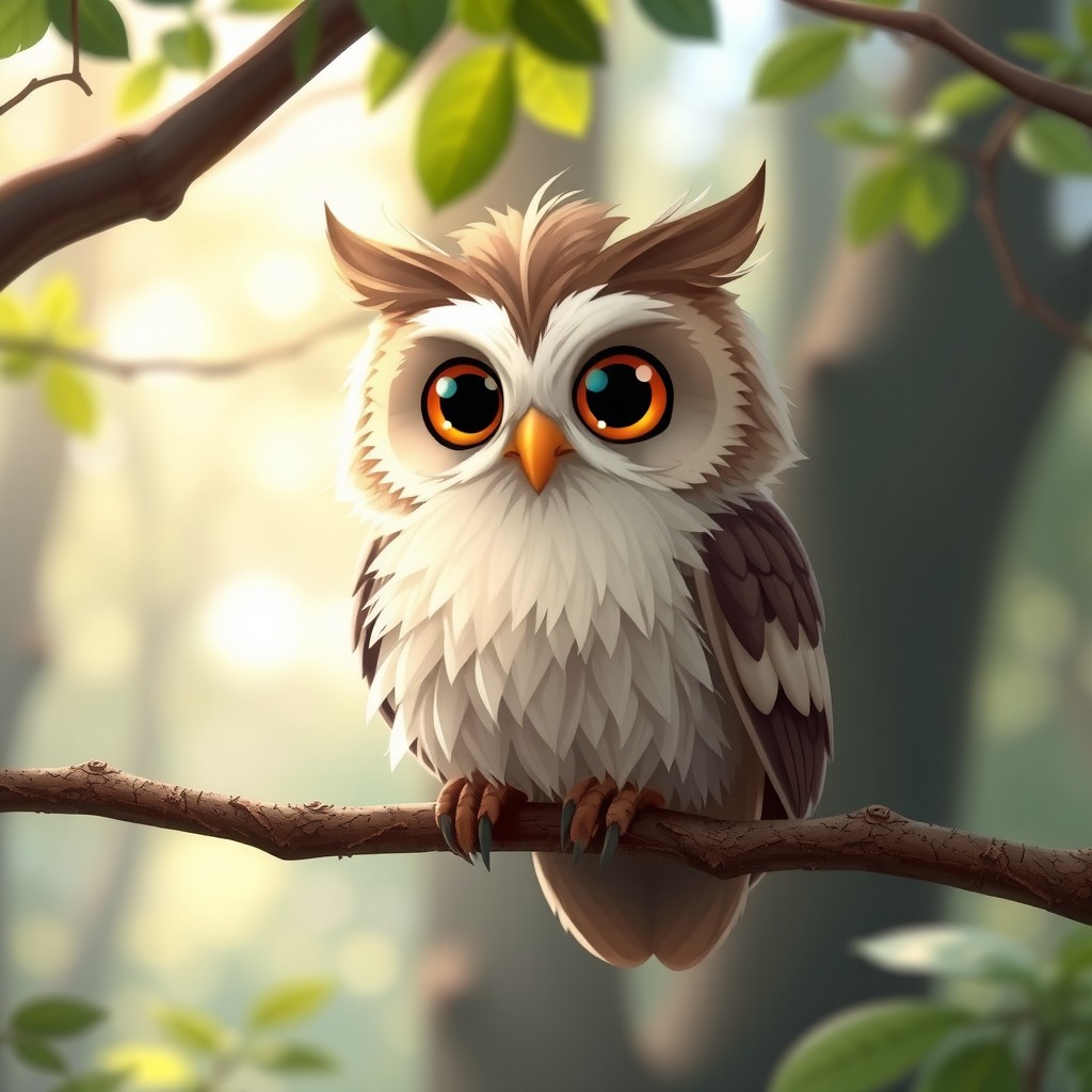 A small, whimsical owl with a large, fluffy feather beard, perched on a branch