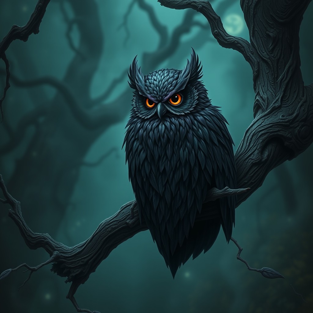 A small, dark fantasy owl with an enormous, dwarven feather beard that cascades dramatically down its chest