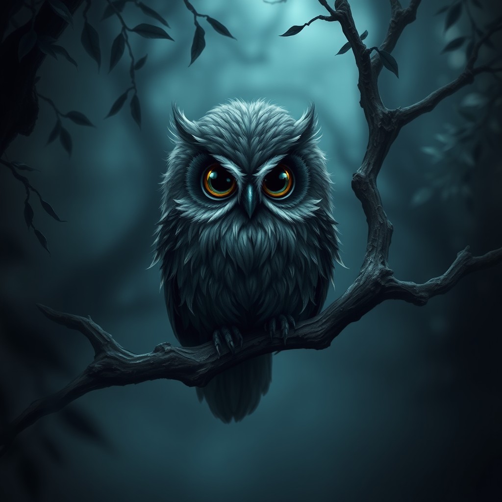 A small owl in dark fantasy style, featuring a dwarven feather beard that is thick and fluffy, adding a touch of whimsy to its appearance