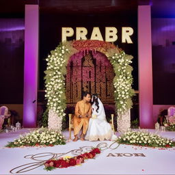 A magical moment of a beautiful Indonesian couple, Akbar and Putri, seated at a wedding stage with the elegant inscription 'PUTRI & AKBAR' in the background. Depict the beauty of the setting enhanced by floral decorations marking their special moment.