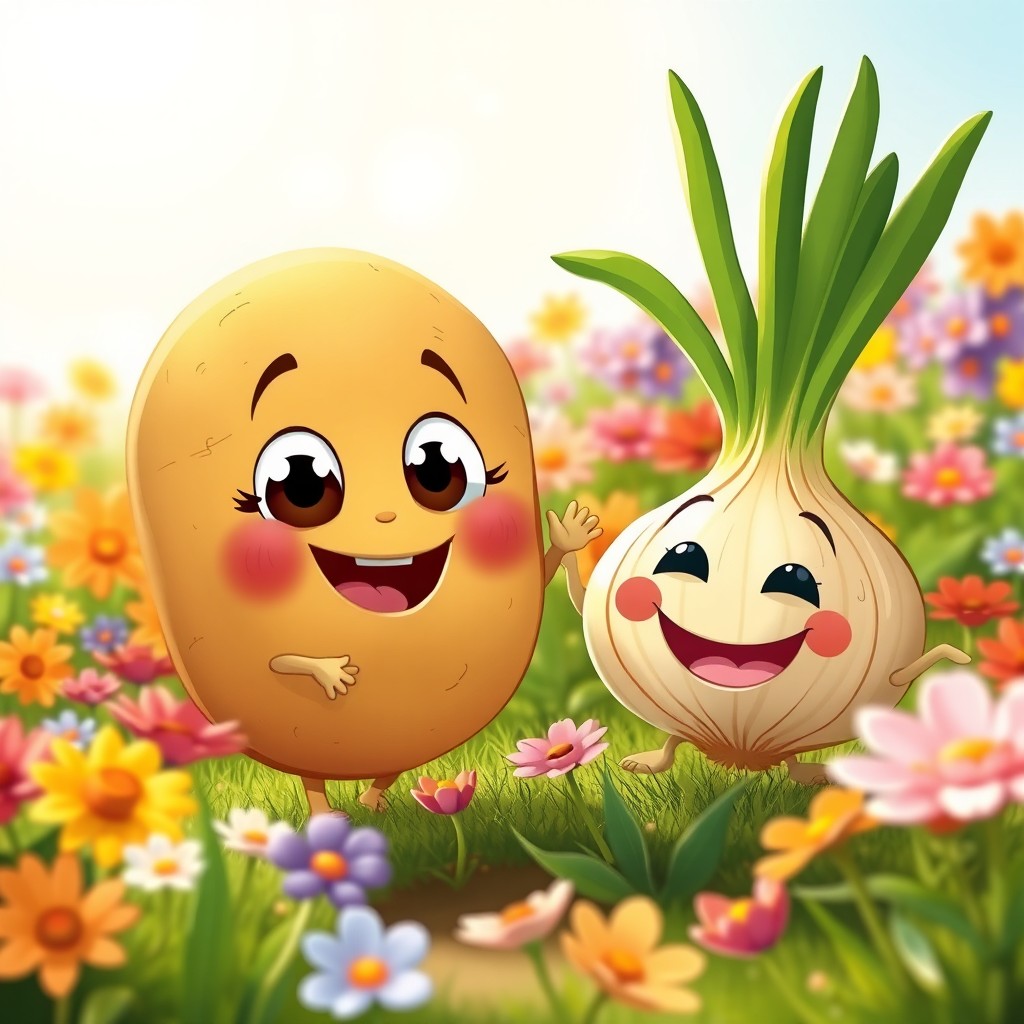 A whimsical and surreal scene featuring a cute, cartoon-style potato animal with large expressive eyes and a joyful expression