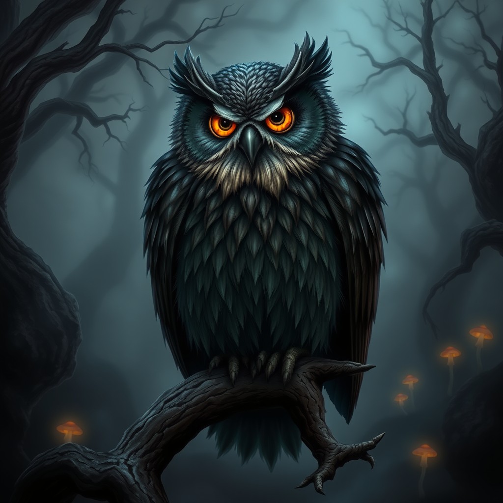 A large, mystical owl with an impressively bushy dwarf-like beard, perched on an ancient, twisted branch in a dark fantasy setting