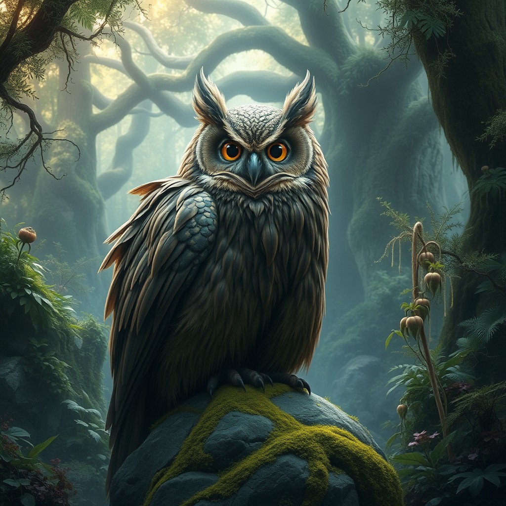 A gigantic owl with an enormous dwarf-like beard, intricately detailed and flowing, perched majestically on a moss-covered stone in a mystical forest