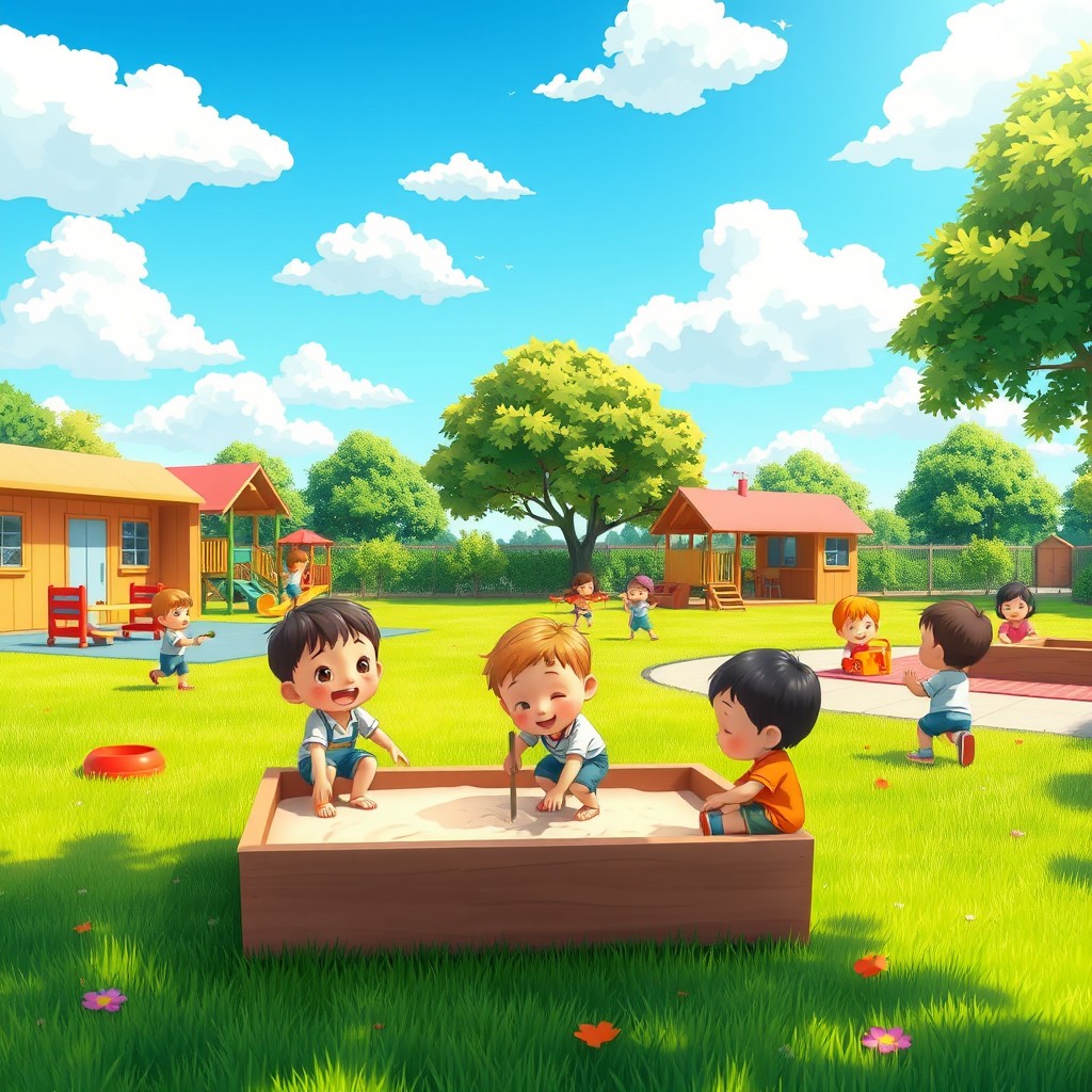 An animated scene of a kindergarten playground during summer, with children playing outside
