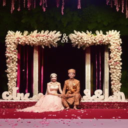 A magical moment of a beautiful Indonesian couple, Akbar and Putri, seated at a wedding stage with the elegant inscription 'PUTRI & AKBAR' in the background. Depict the beauty of the setting enhanced by floral decorations marking their special moment.