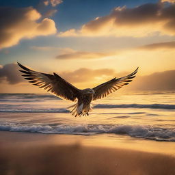 Majestic wings set against the backdrop of an expansive sea under a sunset sky, creating a powerful and inspiring image.