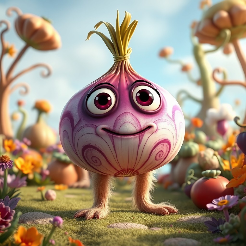 A surreal depiction of an onion-inspired creature, designed with a whimsical touch, featuring a rounded onion-shaped body with vibrant layers of deep purple and white