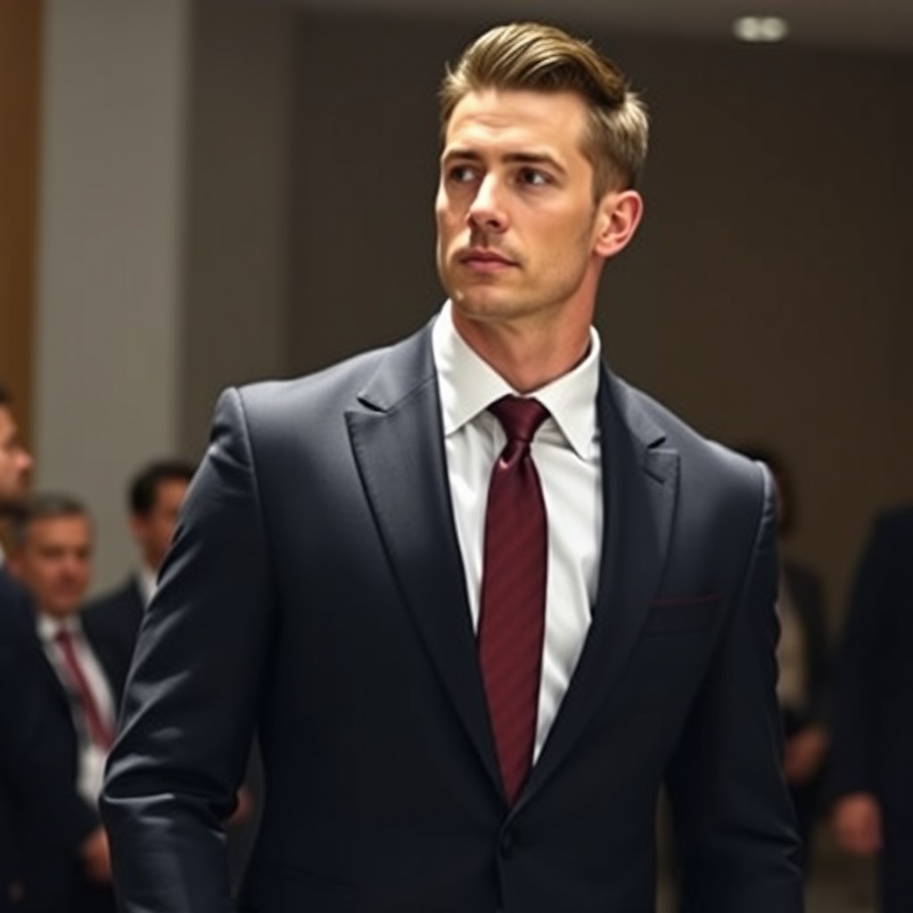 A man in a tailored black suit that fits perfectly, with sharp shoulders and a crisp white shirt underneath