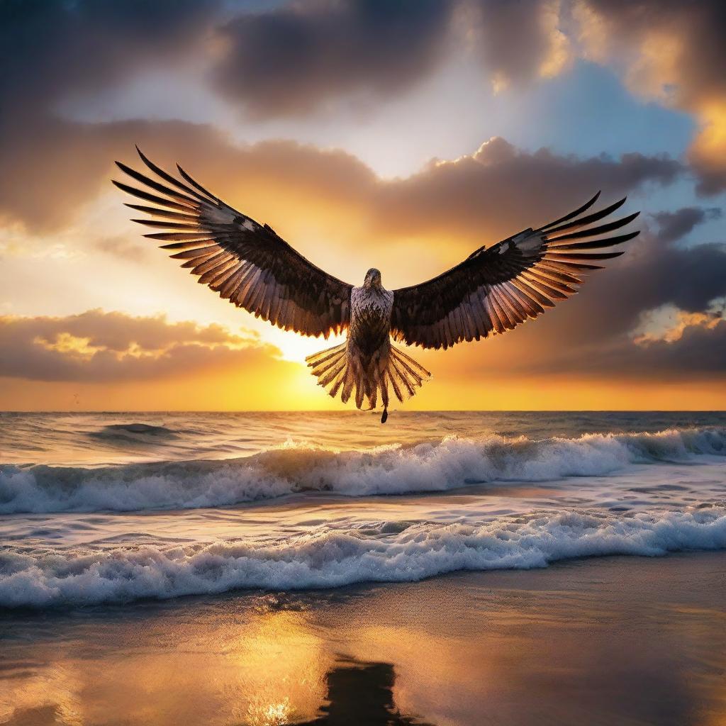 Majestic wings set against the backdrop of an expansive sea under a sunset sky, creating a powerful and inspiring image.