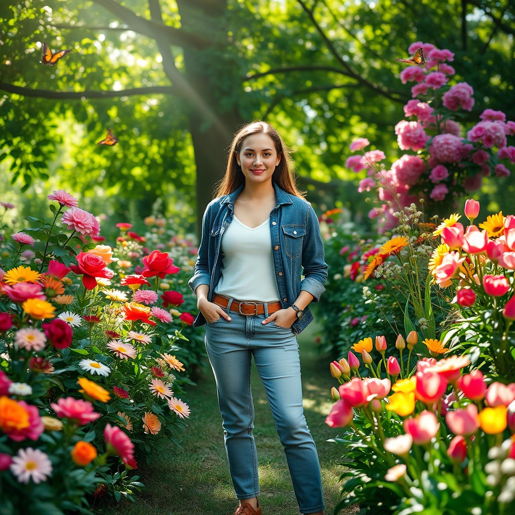 A person standing confidently in a beautiful garden filled with vibrant flowers and lush greenery