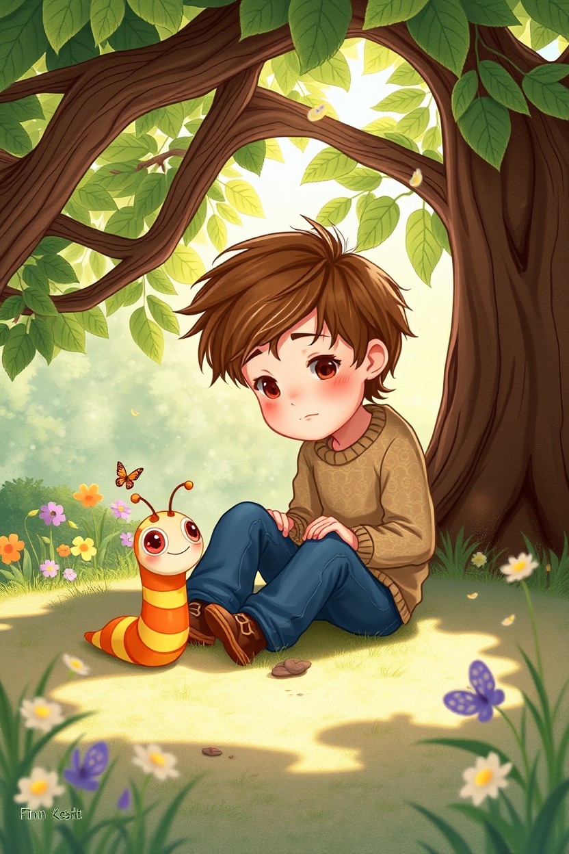 A whimsical and enchanting illustration depicting a young boy named Finn sitting under a large, leafy tree, looking curiously at a small, colorful worry worm