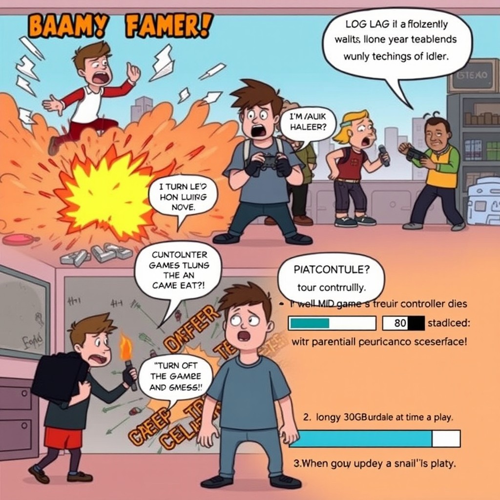 A comedic video scene showcasing a gamer experiencing five classic gaming frustrations in a humorous, exaggerated style