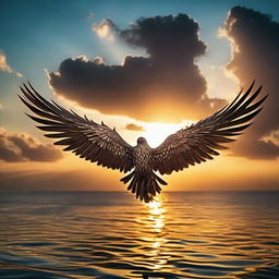 Majestic wings set against the backdrop of an expansive sea under a sunset sky, creating a powerful and inspiring image.