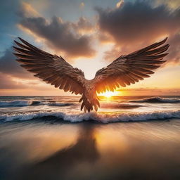 Majestic wings set against the backdrop of an expansive sea under a sunset sky, creating a powerful and inspiring image.