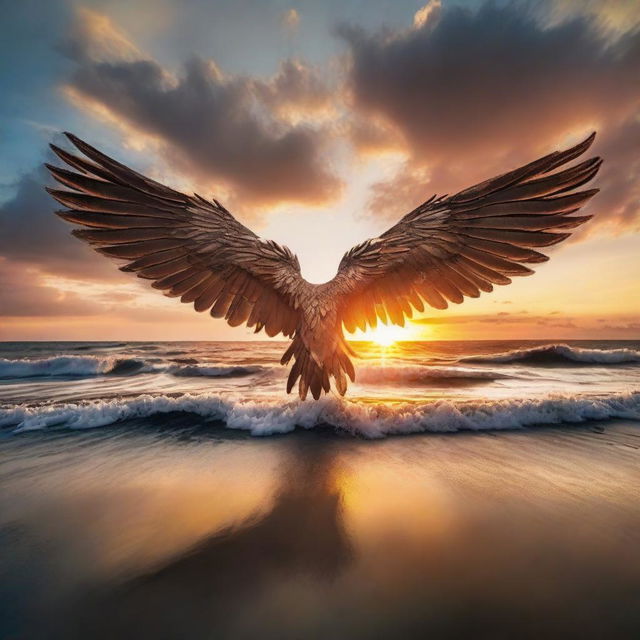 Majestic wings set against the backdrop of an expansive sea under a sunset sky, creating a powerful and inspiring image.