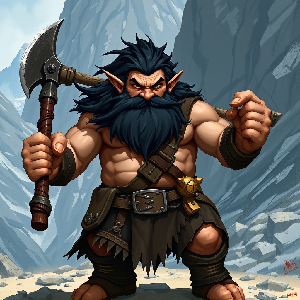 A fierce dwarf warrior, standing confidently without a beard, showcasing striking black hair that contrasts with his muscular physique