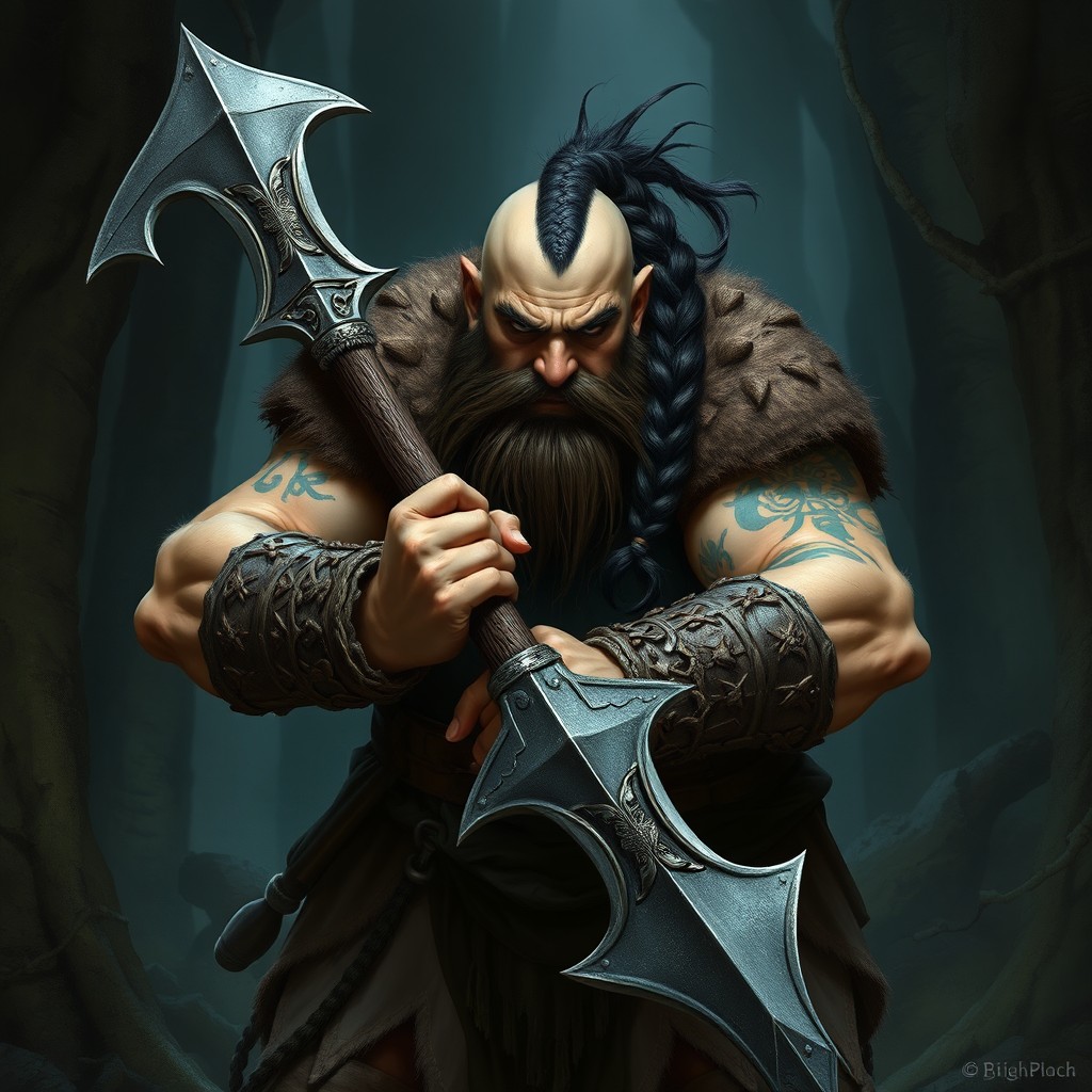 A powerful dwarf warrior with a shaved head and a distinctive black fishtail braid cascading down his back