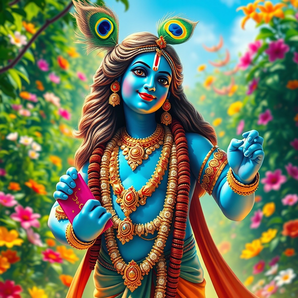 A vibrant and dynamic scene featuring Lord Krishna, the Hindu deity known for his colorful attire and playful demeanor, standing strong and protective