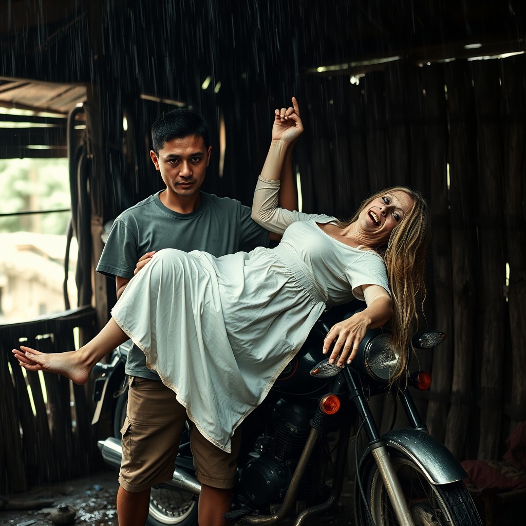 A cinematic image set in Indonesia, depicting a man in a shabby t-shirt and shorts standing beside a motorbike with a flat expression