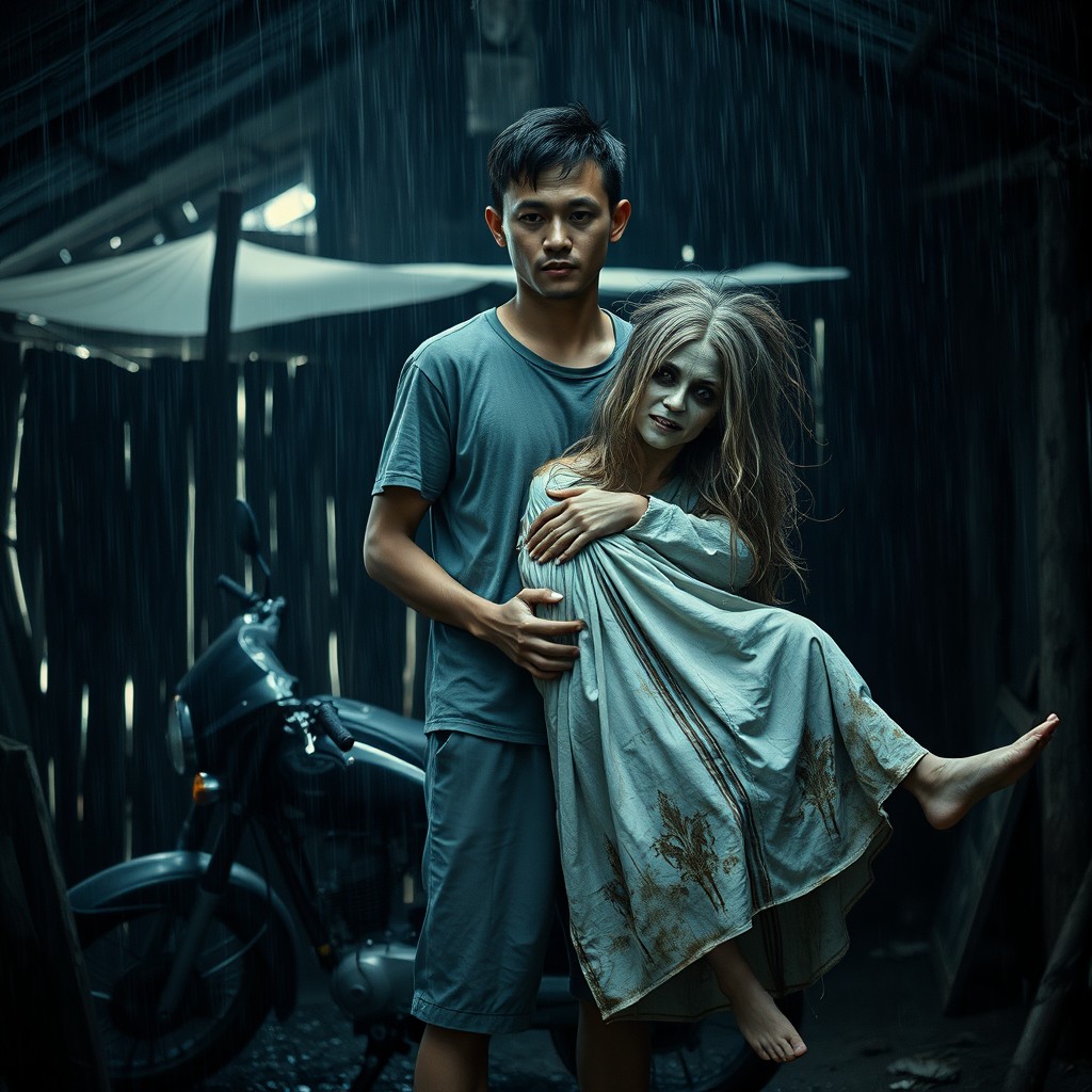 A cinematic image in a grungy style set in Indonesia, showcasing a man dressed in a shabby t-shirt and shorts standing next to a motorbike