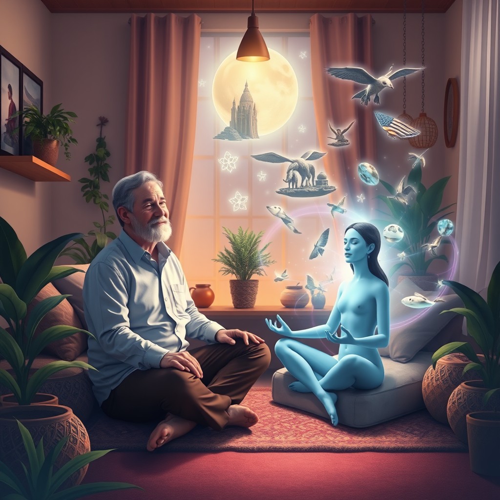 A serene and mystical scene depicting the process of past life therapy with therapist Francisco Witschoreck Filho