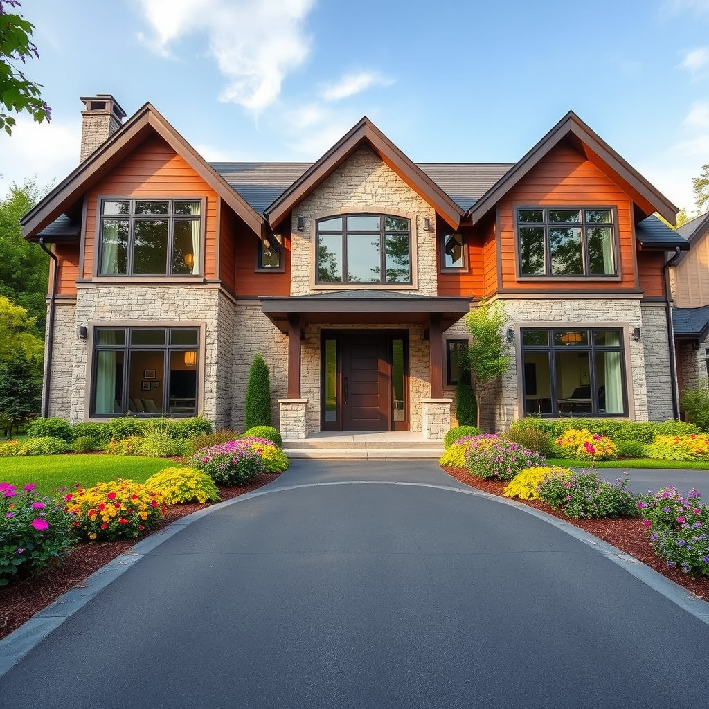 A wide front view of a beautiful and modern house, featuring large windows, a stylish front door, and a well-maintained garden with colorful flowers