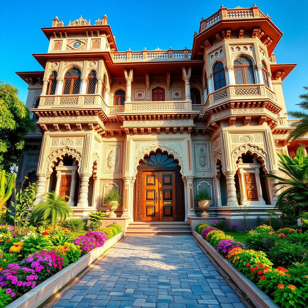 A wide front view of a stunning house designed in the traditional Rajasthan style, featuring intricate carvings and vibrant colors