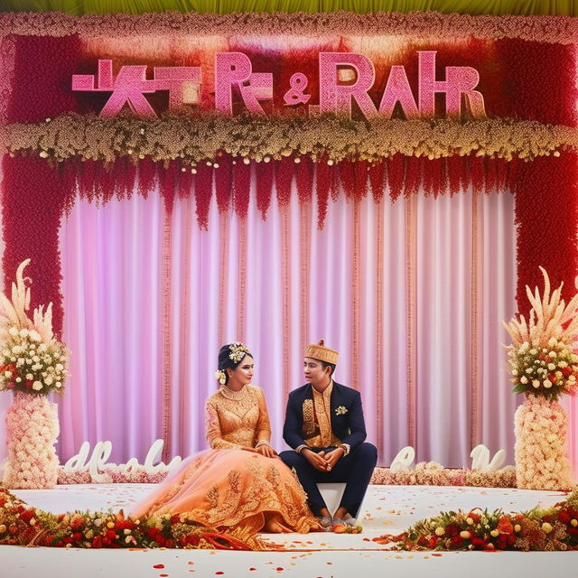 A magical moment of a beautiful Indonesian couple, Akbar and Putri, seated at a wedding stage with the elegant inscription ' PUTRI & AKBAR ' in the background. Depict the beauty of the setting enhanced by floral decorations marking their special moment.