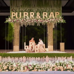 A magical moment of a beautiful Indonesian couple, Akbar and Putri, seated at a wedding stage with the elegant inscription ' PUTRI & AKBAR ' in the background. Depict the beauty of the setting enhanced by floral decorations marking their special moment.