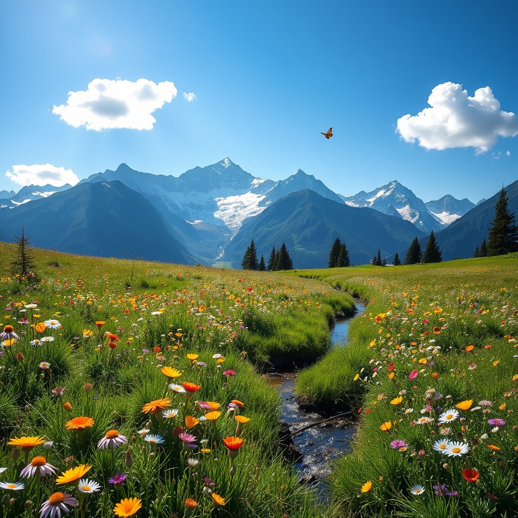 a serene, sunlit meadow filled with colorful wildflowers gently swaying in the breeze, against a backdrop of majestic, snow-capped mountains under a bright blue sky with a few fluffy white clouds floating, a small, sparkling stream winding through the meadow, and a couple of butterflies fluttering about, peaceful and tranquil atmosphere