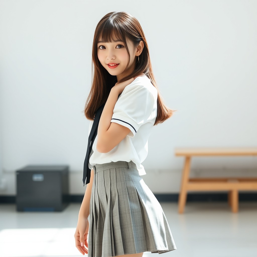 A full-body image of a Japanese teenage girl with an adorable baby face and a beautiful, well-proportioned figure