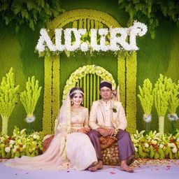 A magical moment of a beautiful Indonesian couple, Akbar and Putri, seated at a wedding stage with the elegant inscription ' PUTRI & AKBAR ' in the background. Depict the beauty of the setting enhanced by floral decorations marking their special moment.