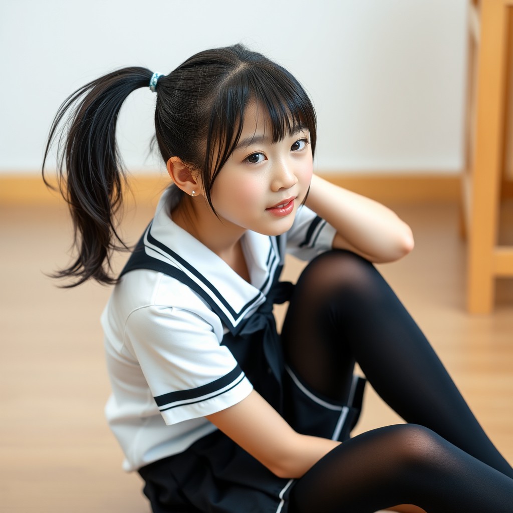 A full-body portrait of a Japanese teen girl with a cute baby face and adorable ponytail hairstyle in black hair