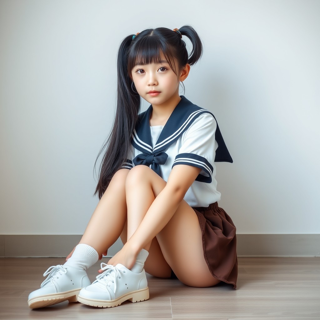 A full-body portrait of a Japanese teen girl with a cute baby face and adorable ponytail featuring shiny black hair