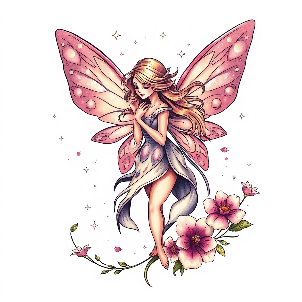 A fantasy-inspired fairy design with intricate wings and a whimsical atmosphere, surrounded by magical elements like sparkles and flowers
