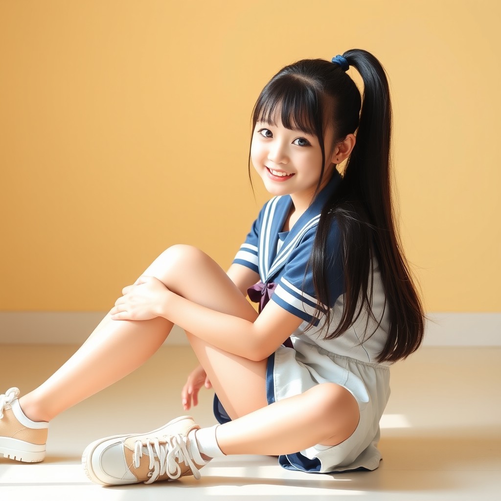 A full body portrait of a Japanese teen girl with a cute baby face and adorable ponytail hairstyle featuring black hair