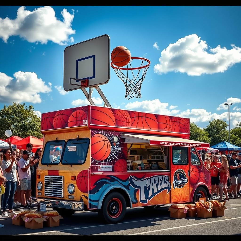 A vibrant and colorful food truck with a basketball-themed design on its roof