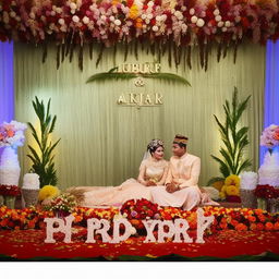 A magical moment of a beautiful Indonesian couple, Akbar and Putri, seated at a wedding stage with the elegant inscription ' PUTRI & AKBAR ' in the background. Depict the beauty of the setting enhanced by floral decorations marking their special moment.