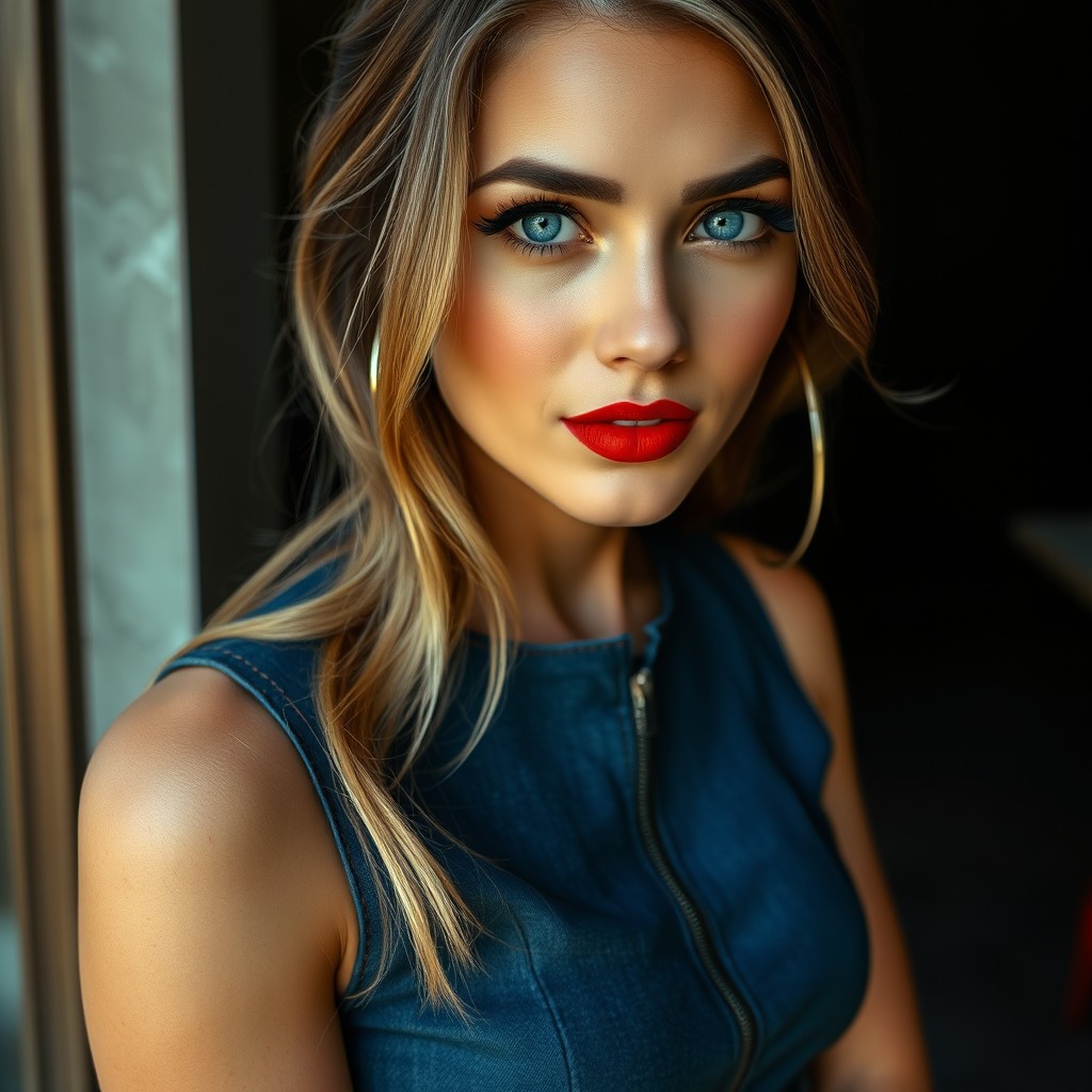 A photorealistic image of a 20-year-old woman with captivating blue-green eyes accentuated by long eyelashes